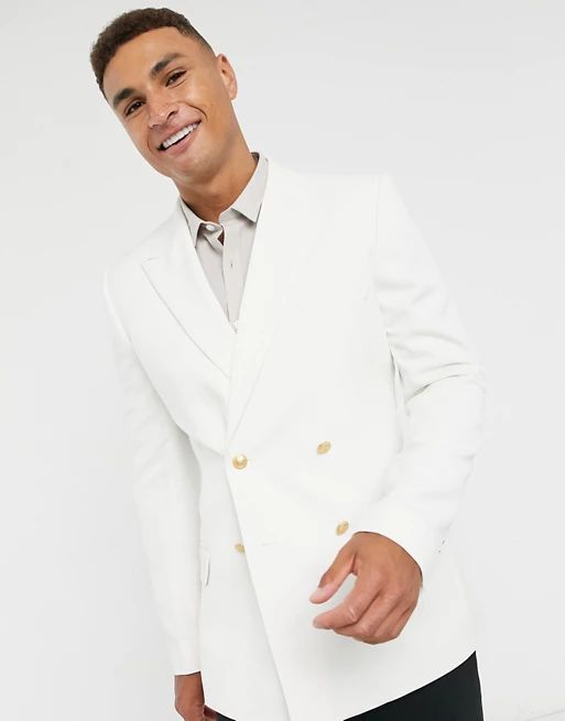 ASOS DESIGN skinny double breasted blazer with gold buttons in white | ASOS (Global)