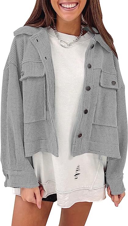ANRABESS Women Waffle Knit Cropped Shacket Shirt Long Sleeve Collared Button Down Pockets Thermal... | Amazon (US)