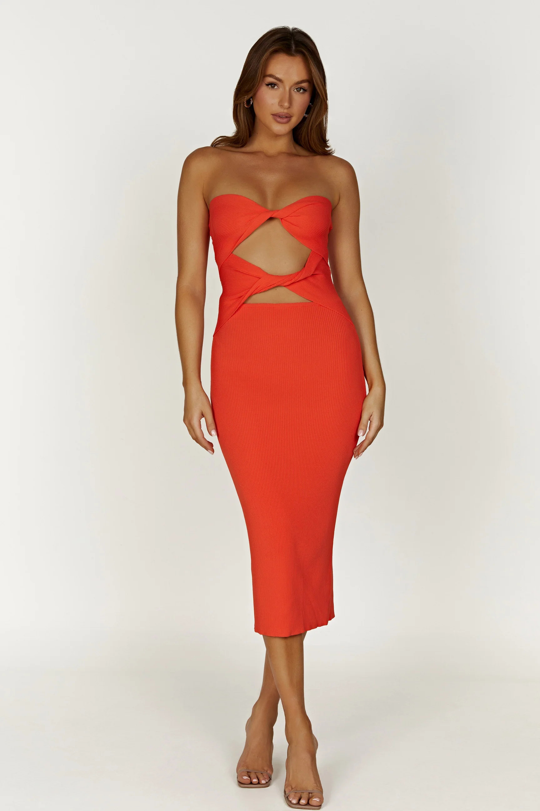 Gabrielle Twist Knit Midi Dress - Coral | MESHKI US