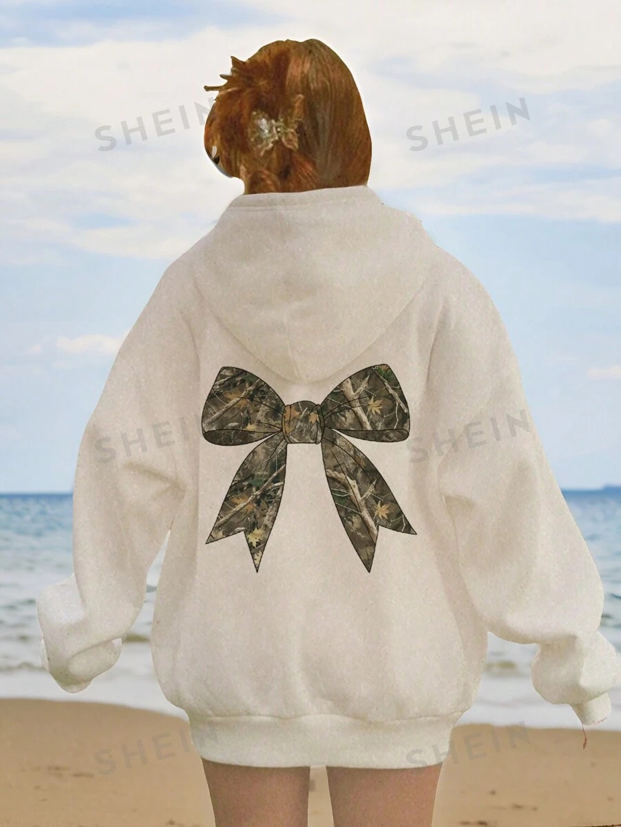 SHEIN EZwear Casual Camouflage Branch And Bow Print Loose Fit Hoodie Sweatshirt For Women, Thick ... | SHEIN