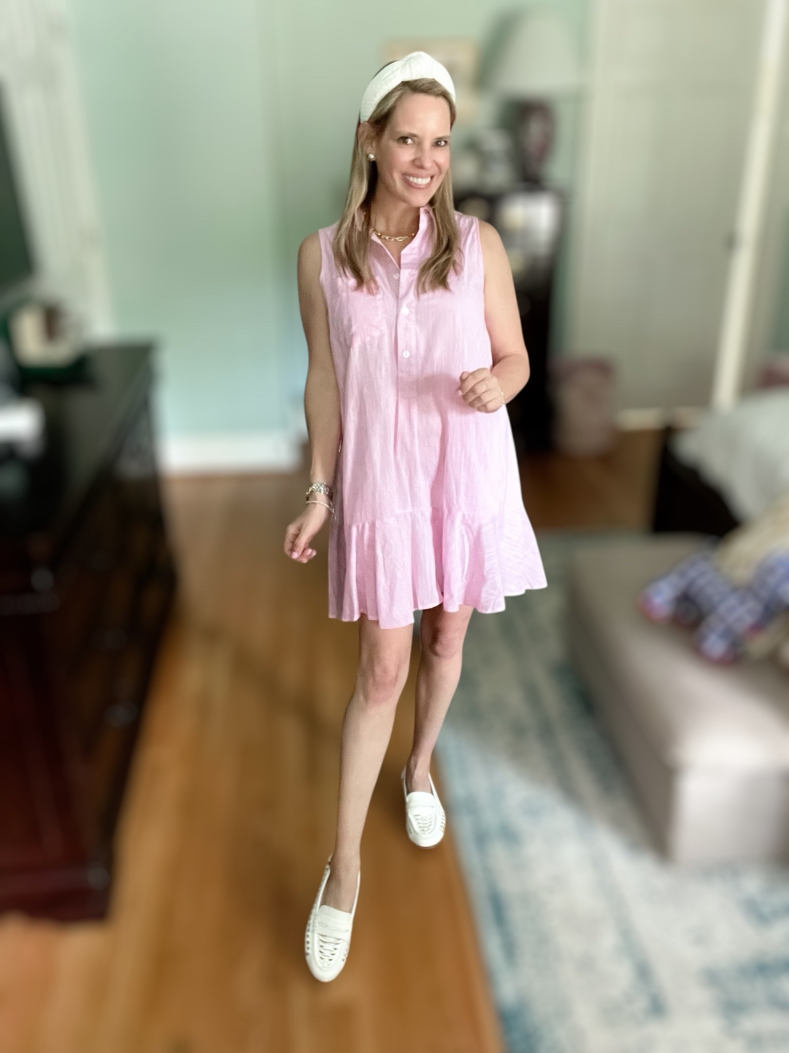 💗 Easy, breezy, and under budget — this sleeveless pink shirtdress gives major Tuckernuck vibes without the price tag! I’m wearing a size S and love the lightweight cotton and flirty ruffle hem 🌸 The perfect everyday dress for summer errands, brunch, or vacay strolls ☀️

🥿 Styled it with these under-$25 white woven loafers (I sized down to a 7 since they only come in whole sizes) for a polished preppy look, and finished with a textured white headband and Melinda Maria jewelry — don’t forget to use code PREPPYREBEL for 10% off ✨

#AmazonFinds #LTKunder50 #summerdress #TuckernuckLookForLess #LTKstyletip #preppystyle #LTKsummer #dressunder40 #easyoutfits #coastalstyle #LTKootd #MelindaMaria #PREPPYREBEL

#LTKOver40 #LTKFindsUnder50 #LTKFindsUnder100