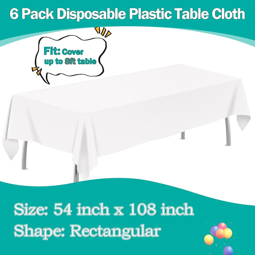 White 6 Pack Plastic Table Cloth 54" x 108", Disposable Tablecloths Rectangle Table Cover, Plasti... | Amazon (US)