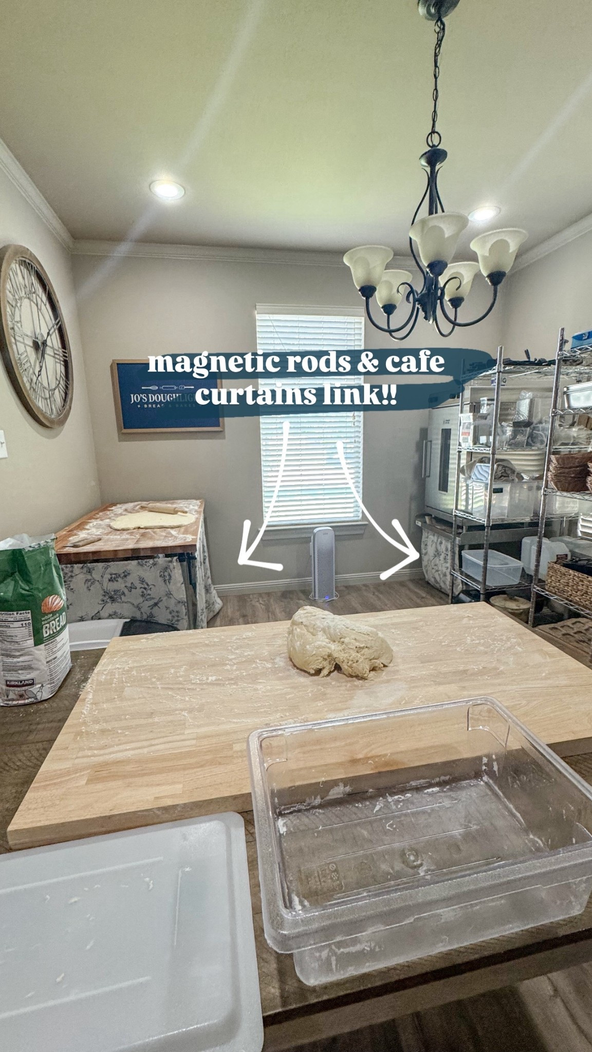 The easiest (and cutest) way to hide the baking chaos 🫣🍞
I used magnetic curtain rods + simple cafe curtains to add some charm to my equipment stand and bench table and cover up all the flour bins, baskets, and supplies tucked underneath.

No drilling, no fuss, just stick ’em on and go! 🙌🏼

And a must for toddler moms,
out of sight, out of mind means curious little hands aren’t constantly digging through your baking stash 😅 A win for the cozy vibes and your sanity.

#LTKFamily #LTKHome #LTKWorkwear