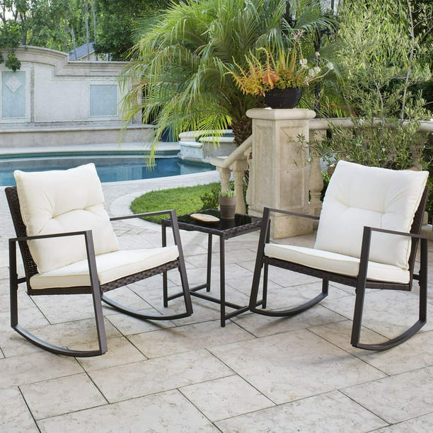 SOLAURA 3-Piece Outdoor Furniture Rocking Chairs Set, Brown Wicker Patio Rocking Chair with Beige... | Walmart (US)