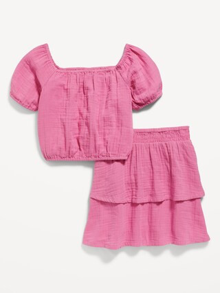 Double-Weave Cropped Puff-Sleeve Top & Tiered Skirt Set for Girls | Old Navy (US)