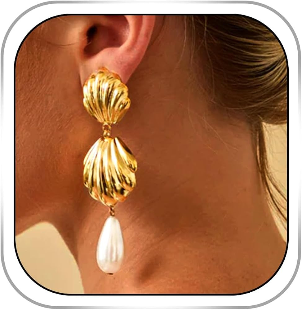 Gold Shell Dangle Earrings Pearl Seashell Earring Summer Beach Ocean Earrings for women | Amazon (US)
