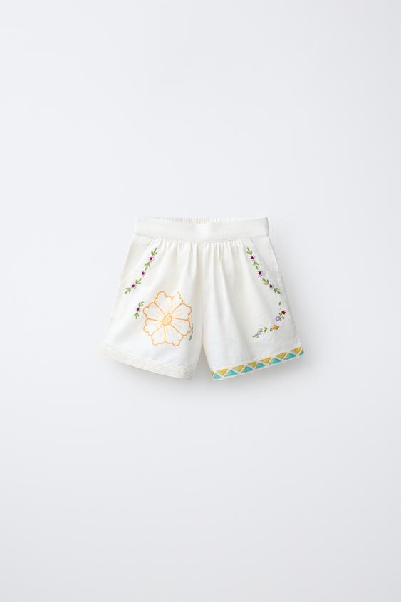 EMBROIDERED FLORAL COTTON LINEN SHORTS | Zara US