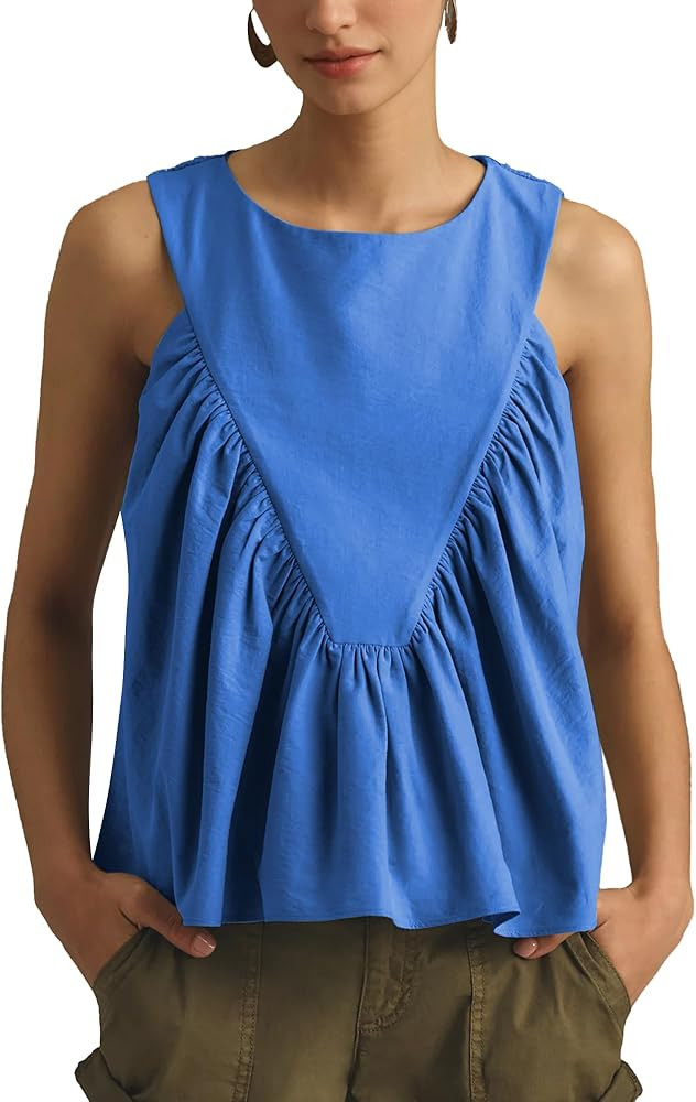 Hixiaohe Shirred Swing Tank Tops for Women Fashion Flowy Sleeveless Shirts Casual Crew Neck Blous... | Amazon (US)