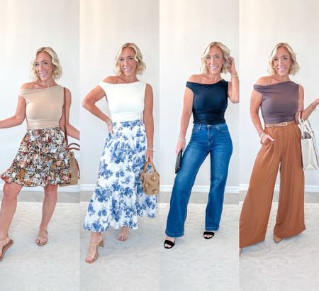 One shoulder top 4 ways/colors. 
• top - size small to medium (medium fit best, so I suggest sizing up since it’s tighter fitting).
• shorter skirt - size medium (I sized up for length). Has built in shorts.
• maxi skirt - size XS (runs more on the big side). Has pockets.
• jeans - size 4 (regular length).
• trousers - size small (regular length) color is brown. 

#LTKSeasonal #LTKstyletip #LTKfindsunder50