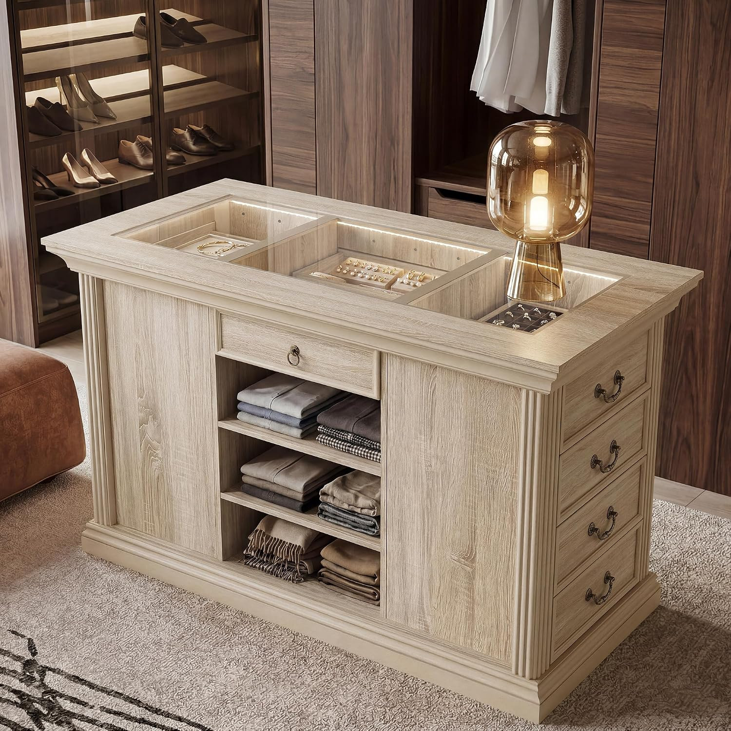 50" W Closet Island with 10 Drawers and Glass Top, Oak | Amazon (US)