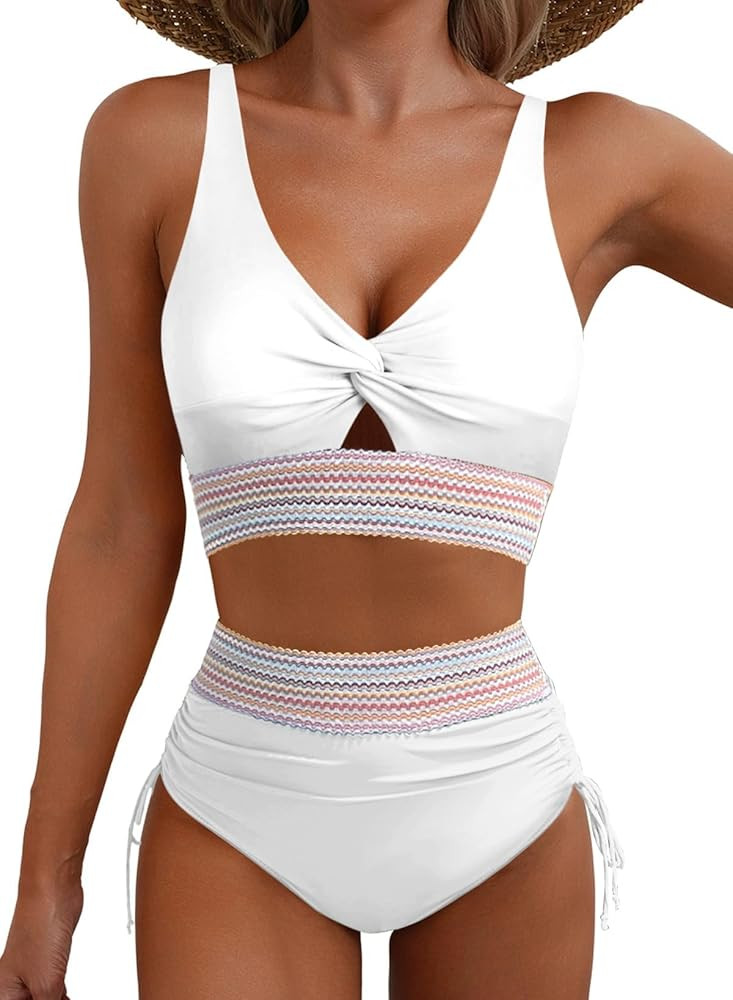 ZAFUL Women High Waisted Bikini Sets Color Block Swimsuit Two Piece Knot Twist Cut Out Drawstring... | Amazon (US)