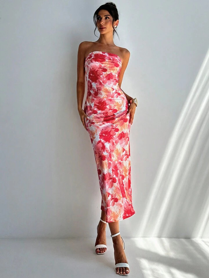 Firerie Women's Elegant And Romantic Pink Floral Printed Backless Pleated Dress For Summer And Au... | SHEIN