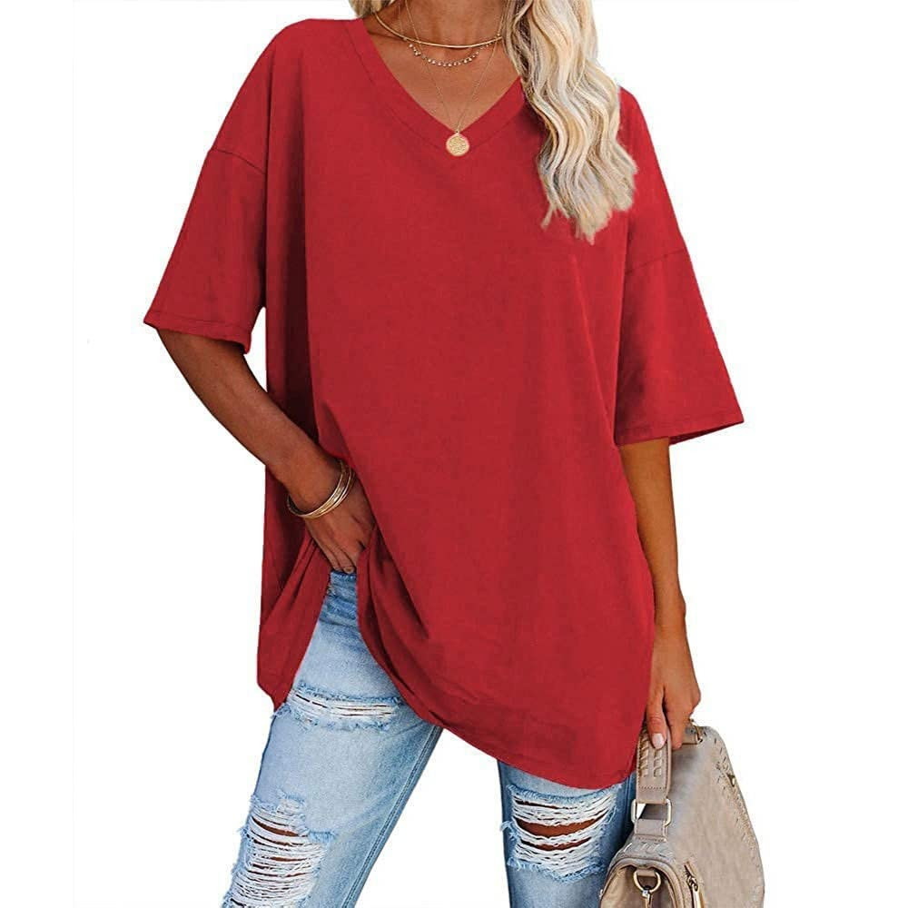Women's Summer Tops V Neck Short Sleeve Blouse Shirts Summer Casual Loose Fit Cotton Tunic Tops O... | Amazon (US)
