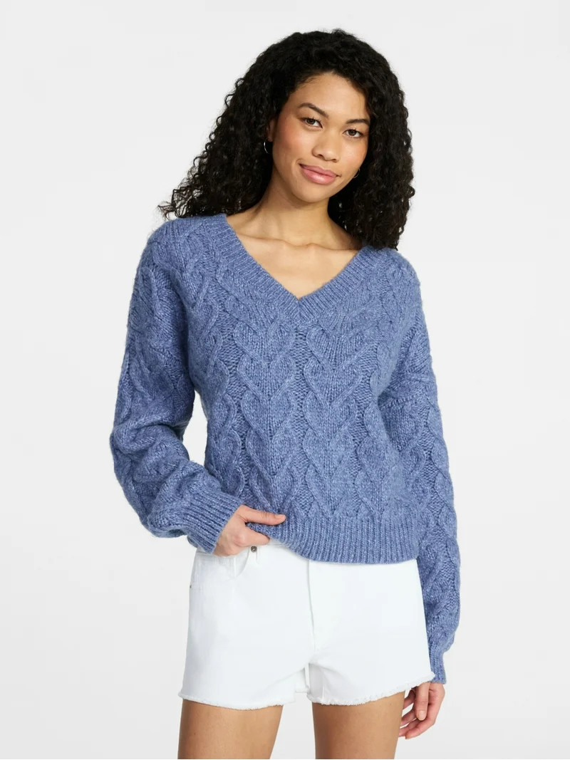 No Boundaries V-Neck Pullover Sweater, Midweight, Women's XXS-XXL | Walmart (US)