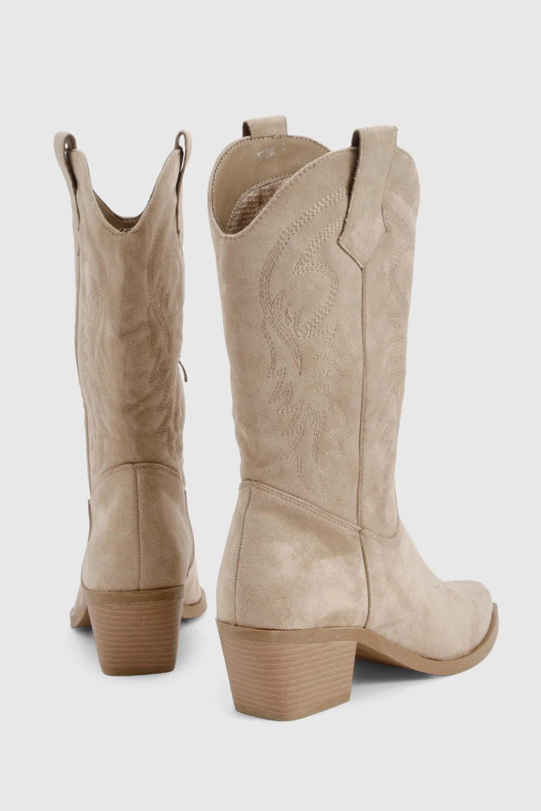 Faux Suede Embroidery Detail Calf High Western Boots | Boohoo.com (UK & IE)