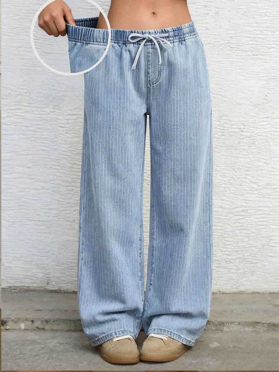 Teen Girl Drawstring Waist Casual Wide Leg Loose Denim Pants,Summer,Casual And Fashionable Vacati... | SHEIN