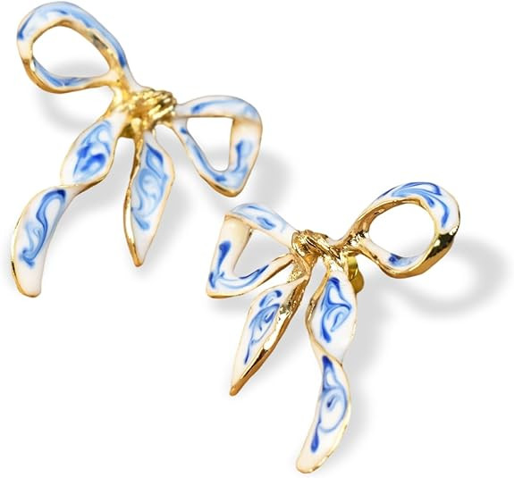Enamel Bow Earrings for Women – 18K Gold Plated Blue and White Porcelain Jewelry, Elegant Ribbo... | Amazon (US)