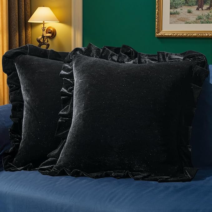 MIULEE Velvet Ruffle Throw Pillow Covers Soft Luxurious Black Pack of 2 20x20 Inch Square Cushion... | Amazon (US)