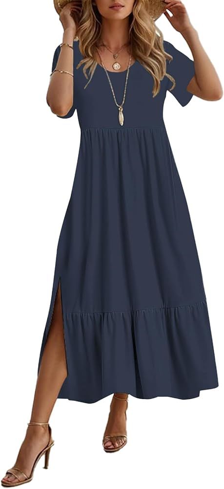 Women's Smocked Elastic Waist Tiered Midi Dress Short Sleeve Swing Summer Maxi Beach Sundress wit... | Amazon (US)