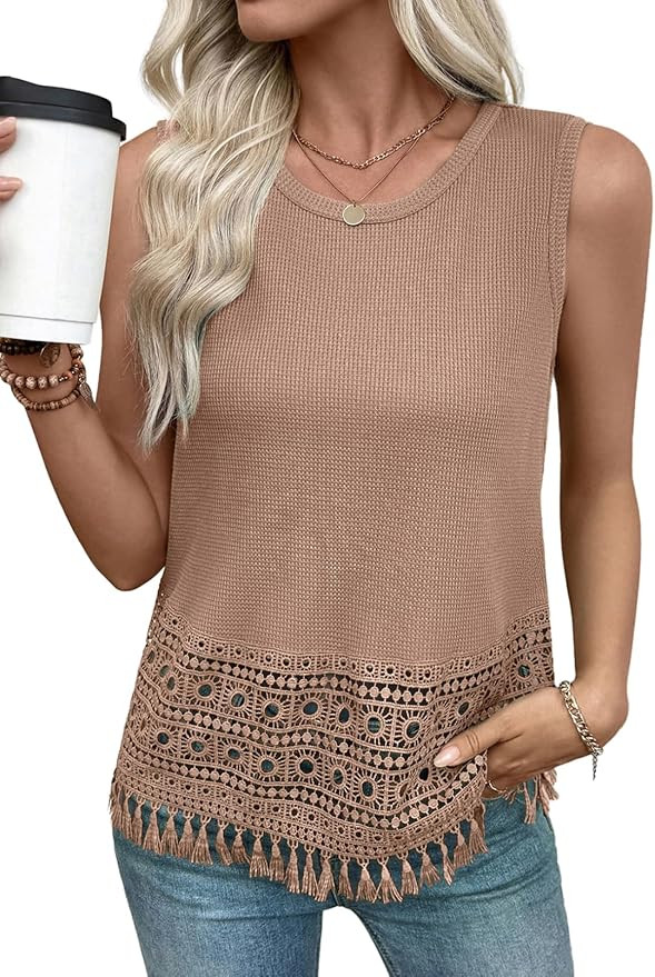 EVALESS Womens Tank Tops Casual Summer Waffle Knit Lace Crochet Boho Crewneck Sleeveless Loose Va... | Amazon (US)