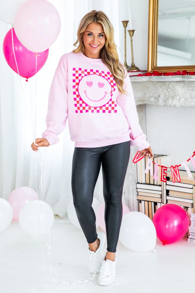 Red Checkered Distressed Smiley Light Pink Graphic Sweatshirt | Pink Lily