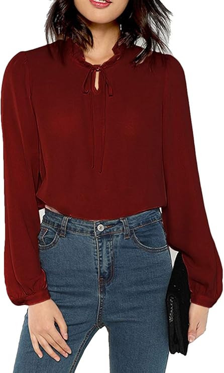 Romwe Women's Solid Print Elegant Bow Tie Neck Long Sleeve Work Office Blouse Top | Amazon (US)
