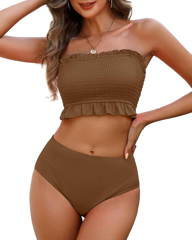 Tempt Me Women Bandeau High Waisted Bikini Sets Smocked Swimsuit Strapless Two Piece Bathing Suit | Amazon (US)