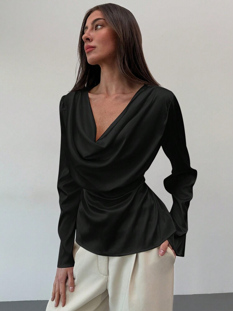 Aloruh Women's Duchesse Satin Pullover Cowl Neck Bell Sleeve Elegant Office Wear Blouse | SHEIN