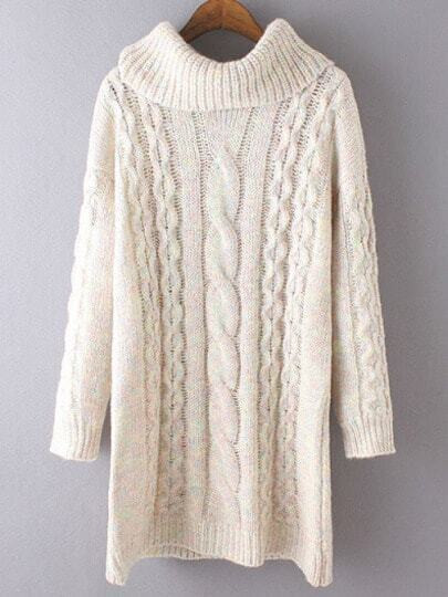 Beige High Neck Cable Knit Long Sweater | SHEIN