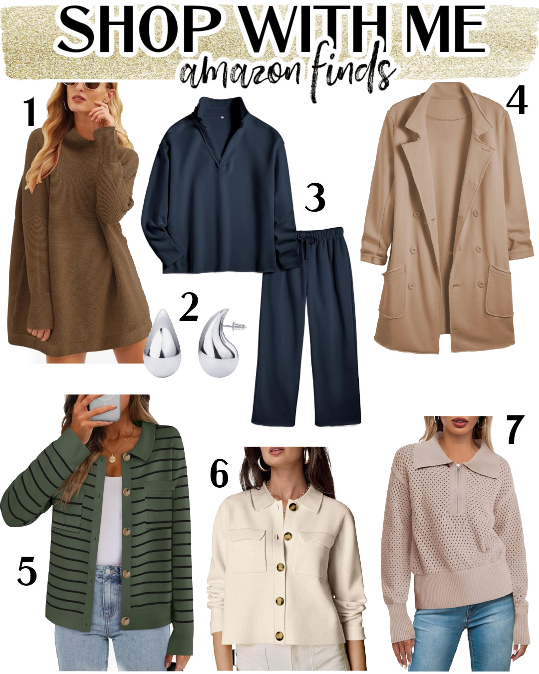 Full reviews coming soon, but if you want to shop along with me, here is what I just ordered from Amazon for part of this month's haul on YouTube. For sizing, I purchased everything in the smallest size they offered. I do already have the navy lounge set, but in oatmeal and I got that in an XS and it fits perfectly. I liked it so much I ordered it again in navy! 

More details:
1. This is a reorder in a new color for 2025. I love the tunic length with leggings and black boots. Size XS

2. I have these earrings in gold already and ordered silver to go with my outfits for when I go to the San Antonio Spurs basketball games!

3. I liked it so much I bought it twice! Size XS. Also comes in rose gold.

4. I LOVE this idea of a deconstructed trench coat. It's the same fabric as the collared set. I sized up to a small so I can wear it over bulkier tops.

5. I just organized my closet and one of the big things I'm missing is COLOR! I already have this cardigan in white/black and navy. It's SO soft!

6. My plan is to wear this unbuttoned/open over a tee or tank with jeans. I like the slightly cropped length.

7. This one is inspired by a Varley piece and I want to see how it works with just a skin tone bra underneath.

#amazonfinds #cardigans #dupes #inspiredfinds #casualstyle #fashionover50  

 #LTKOver40 #LTKFindsUnder50