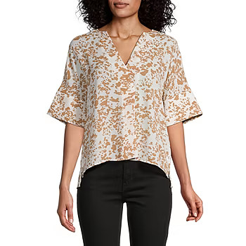 Worthington Womens Y Neck Elbow Sleeve Blouse | JCPenney