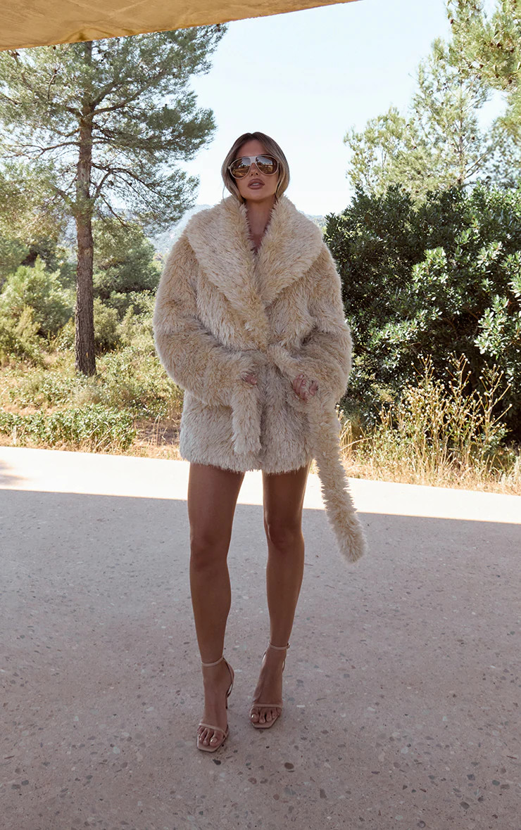 Cream Oversized Collar Faux Fur Coat | Outerwear | PrettyLittleThing US