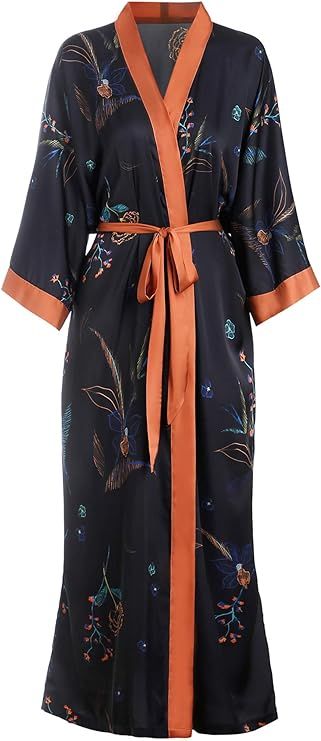 Aensso long silky kimono robes for women, lightweight & soft floral bridal robe | Amazon (US)