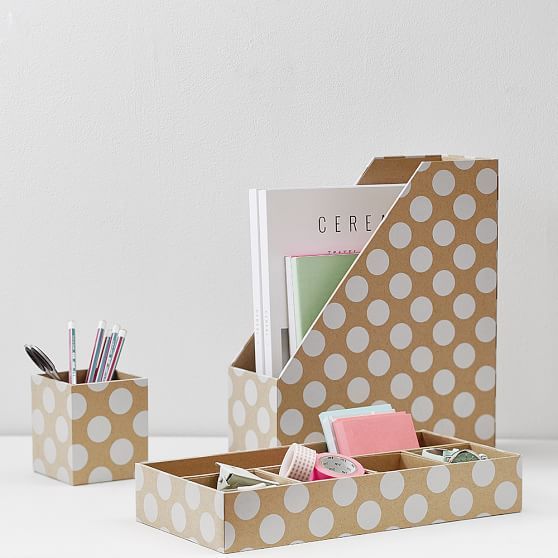 Printed Paper Desk Accessories Set, Natural Kraft & White Dot | Pottery Barn Teen