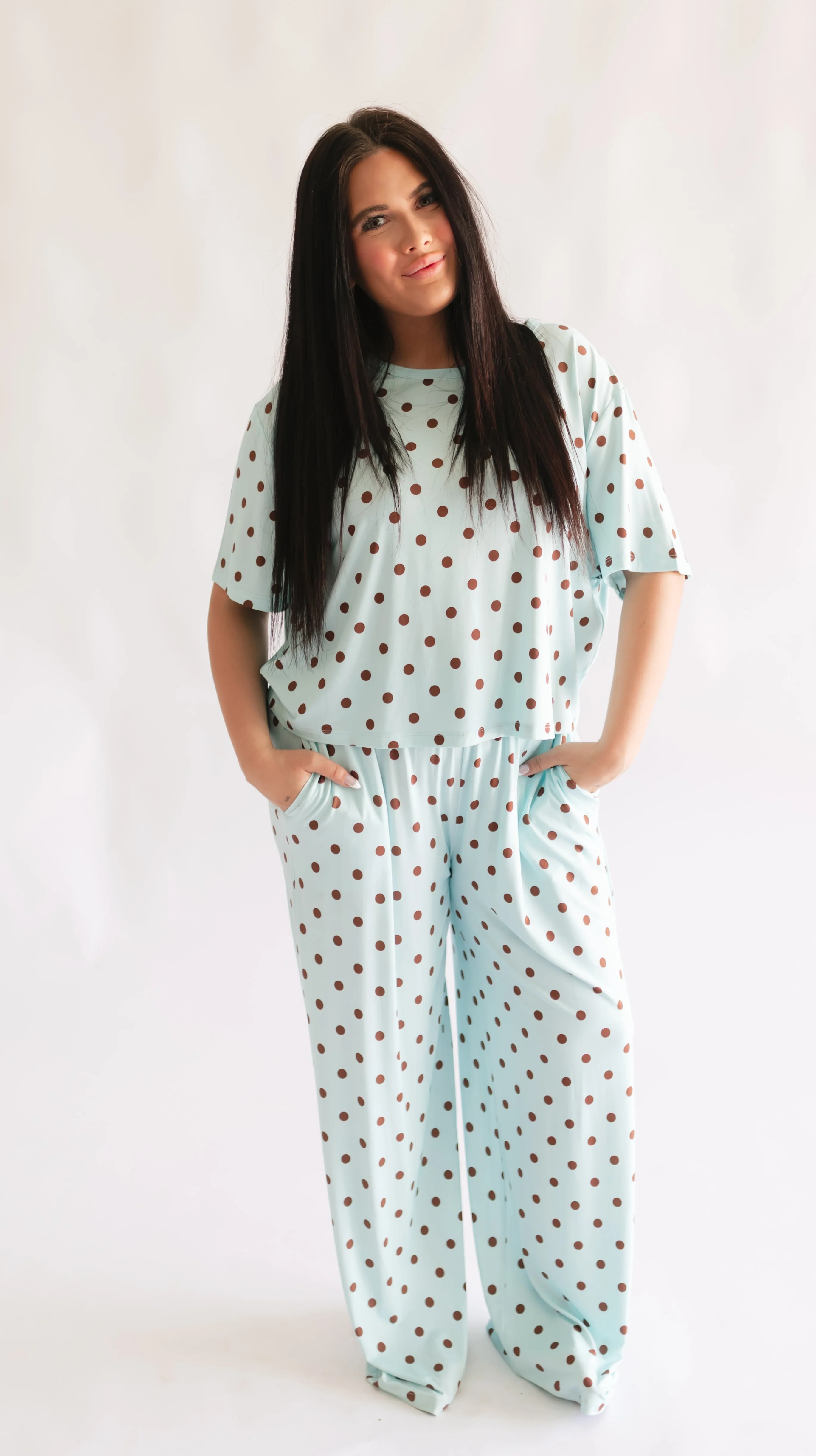 Women's T-Shirt and Pants Set in Blue & Brown Polka Dot | Silks Design