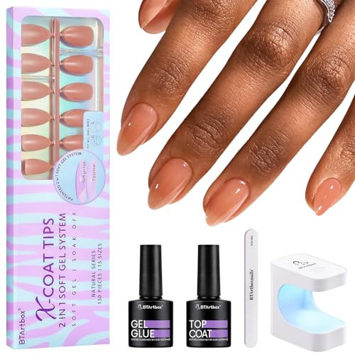 BTArtbox Short Almond Nail Tips - Soft Gel Nail Kit with Tip Primer Base, 160 pcs Brown Pre-colored Fake Nails with Gel Nail Glue and Top Coat Nail Extension Kit for Women's Gift | Amazon (US)