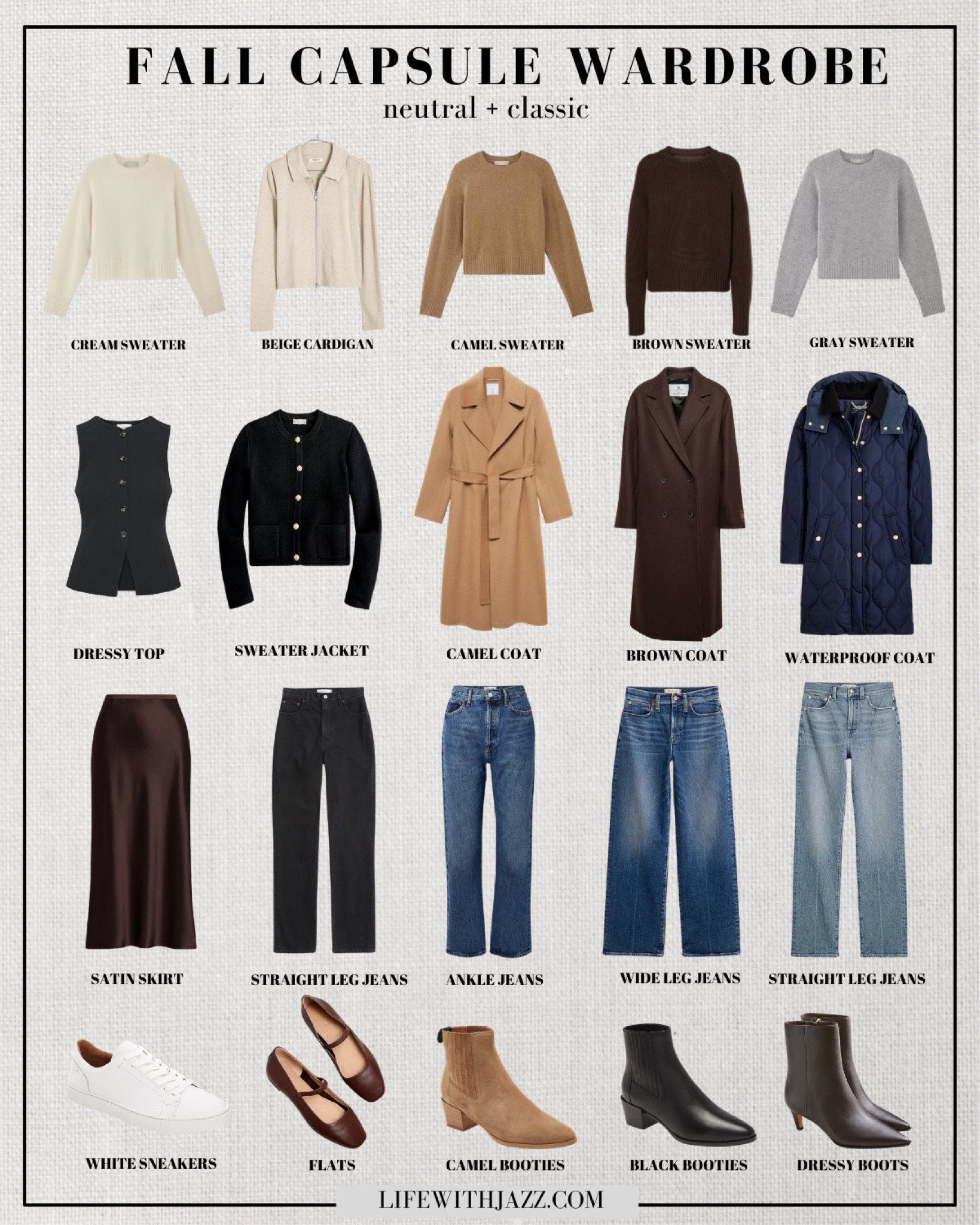 My fall capsule wardrobe — pt. 3 bottoms/jeans 

Crew sweaters / cashmere sweaters / cream / beige / camel / chocolate brown / gray / black tailored vest / sweater lady jacket / camel coat / brown coat / waterproof quilted coat / satin skirt / ankle jeans / wide leg jeans / straight jeans / sneakers / ballet flats / camel booties / black booties / dressy booties 

#LTKSeasonal