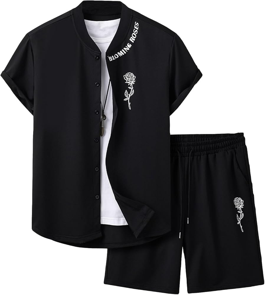 COZYEASE Men's 2 Pieces Floral Letter Graphic Print Button Front Short Sleeve Shirt Top and Short... | Amazon (US)