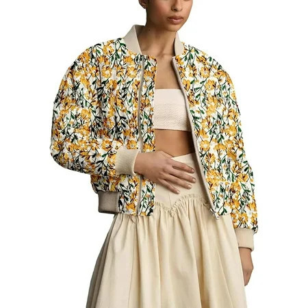 PUWEI Women's Daisy Embroidered Cropped Short Jacket Quilted Puffer Jackets Padded Coat Outerwear | Walmart (US)