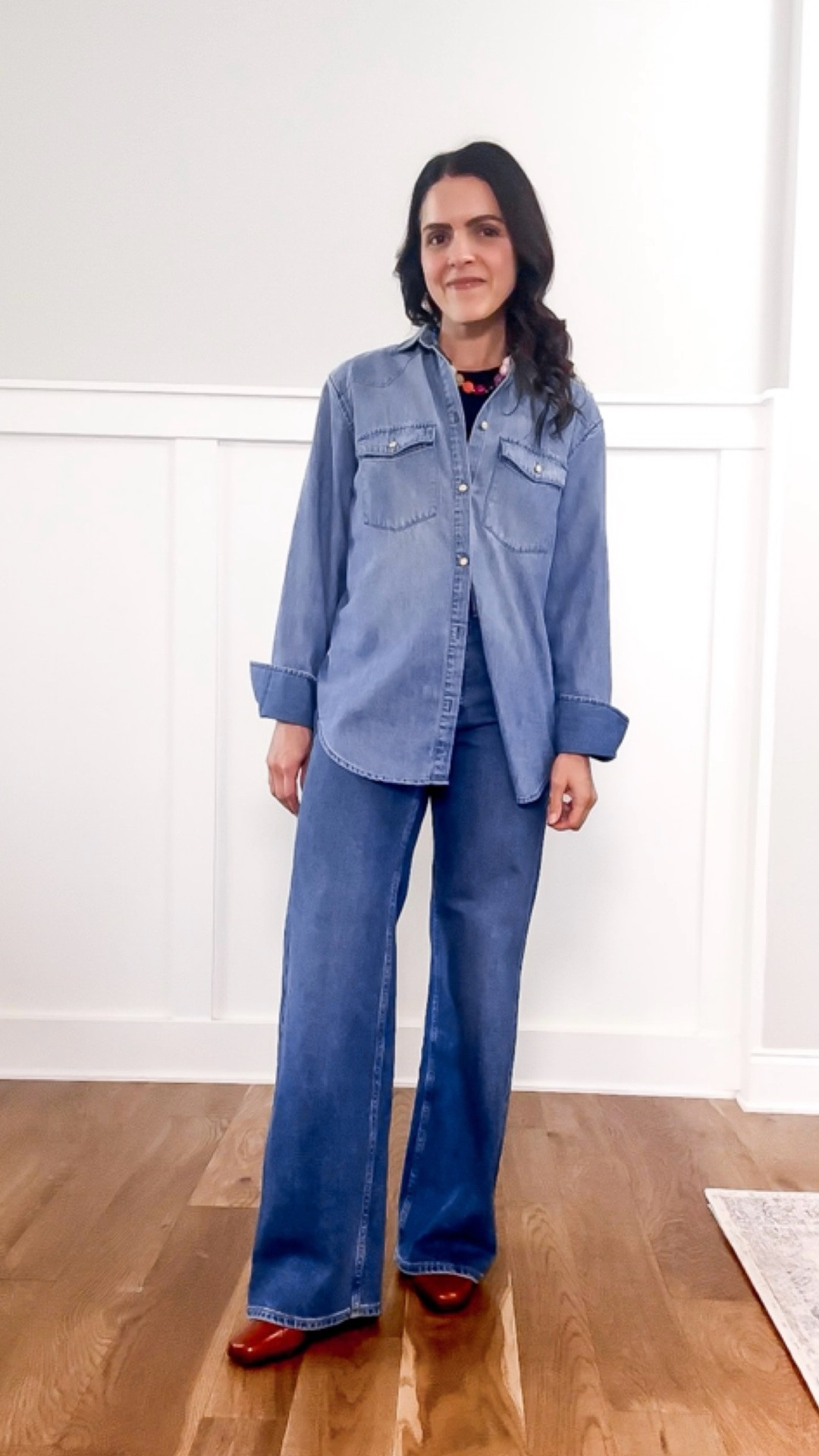Outfit formula: double denim | Keep a little contrast between the denim washes.

Light wash chambray shirt, wide leg jeans, colorful necklace, red woven flats.

#LTKootd #LTKgrwm