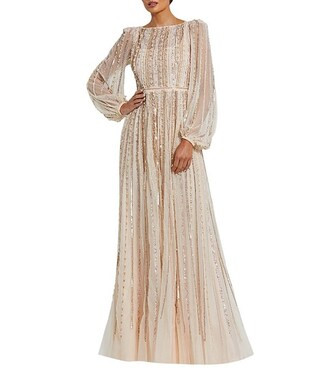 Mac Duggal Embellished Mesh Striped Beaded Boat Neck Long Sleeve Gown | Dillard's | Dillard's