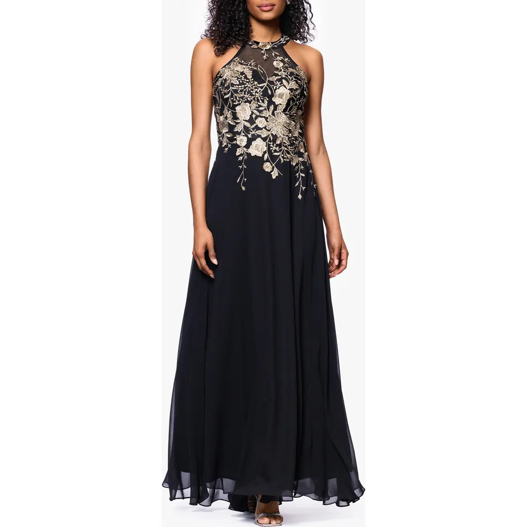 Betsy & Adam Metallic Embroidery Chiffon Gown in Black/Gold at Nordstrom, Size 4 | Nordstrom