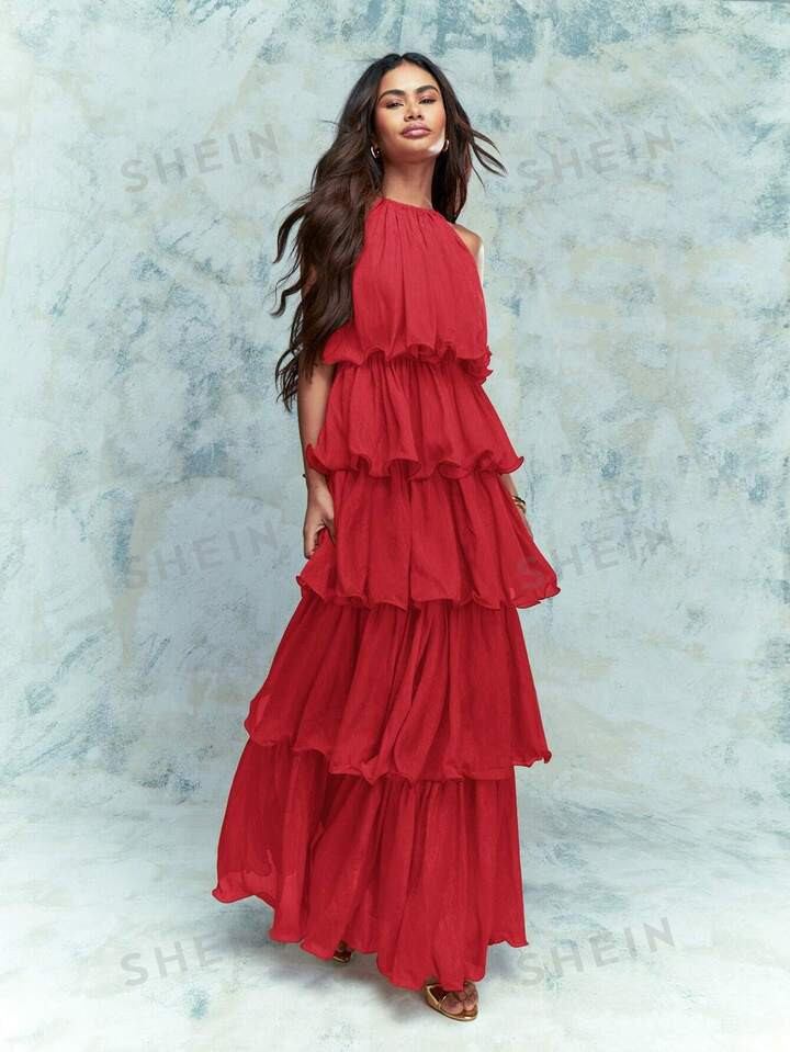 MISSGUIDED Metal Threading Tiered Ruffle Detail Halter Neck Maxi Dress | SHEIN USA | SHEIN