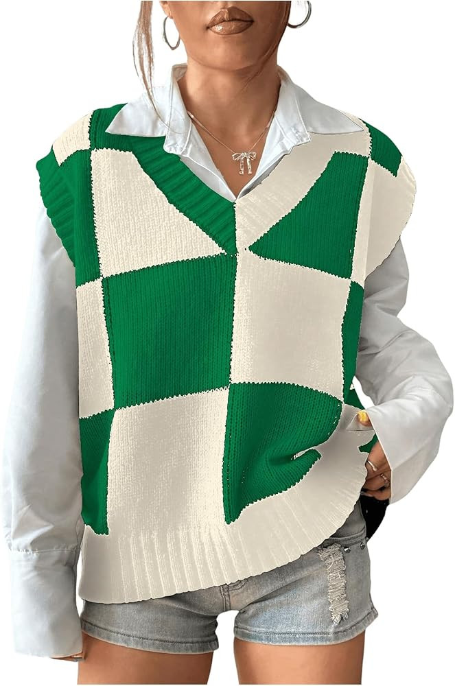 Verdusa Women's Checkered Knit Sweater Vest Loose V Neck Knit Plaid Vest Top | Amazon (US)