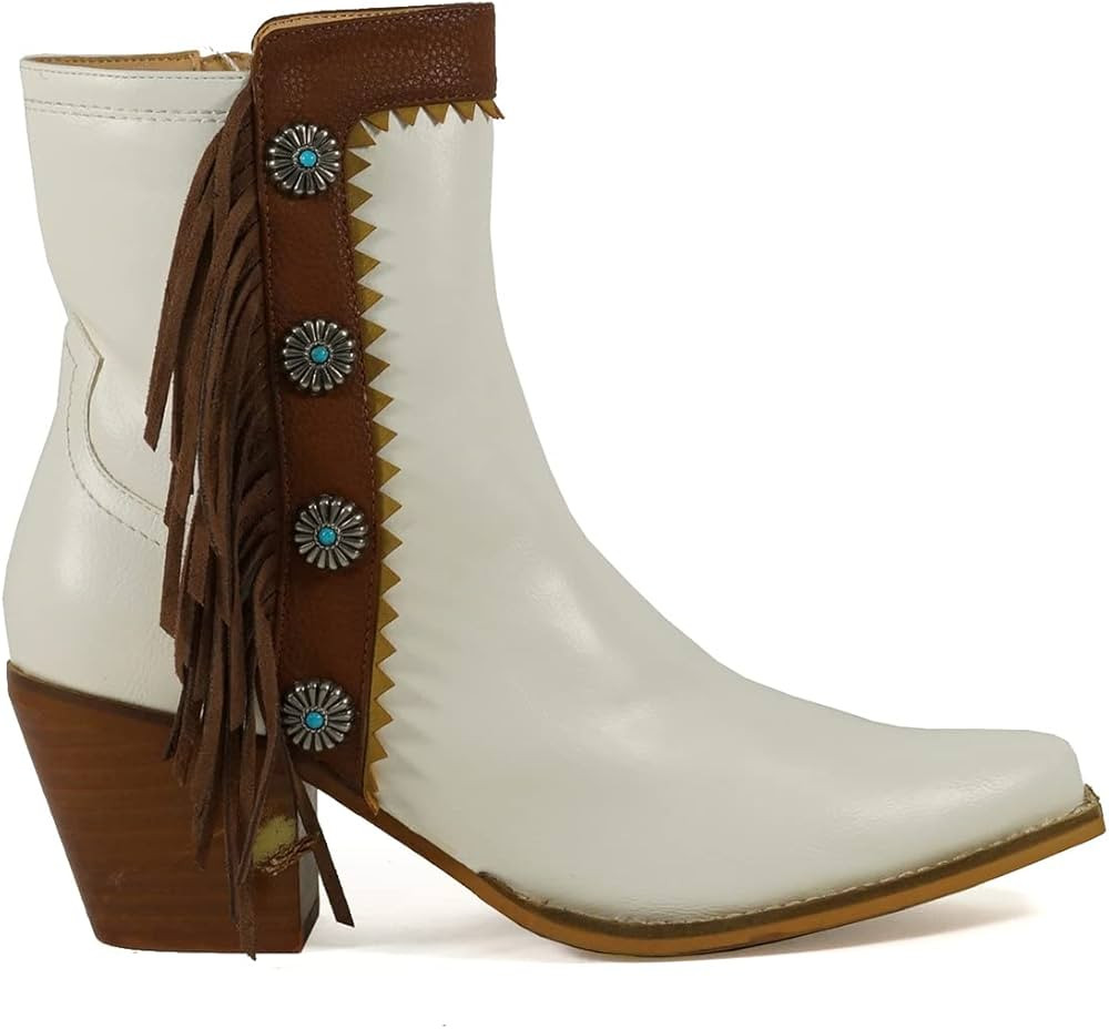 ARiderGirl Gizelle Women's Mid Calf Fringe Booties Snip Toe Stacked Heel Buckle Studded Western B... | Amazon (US)