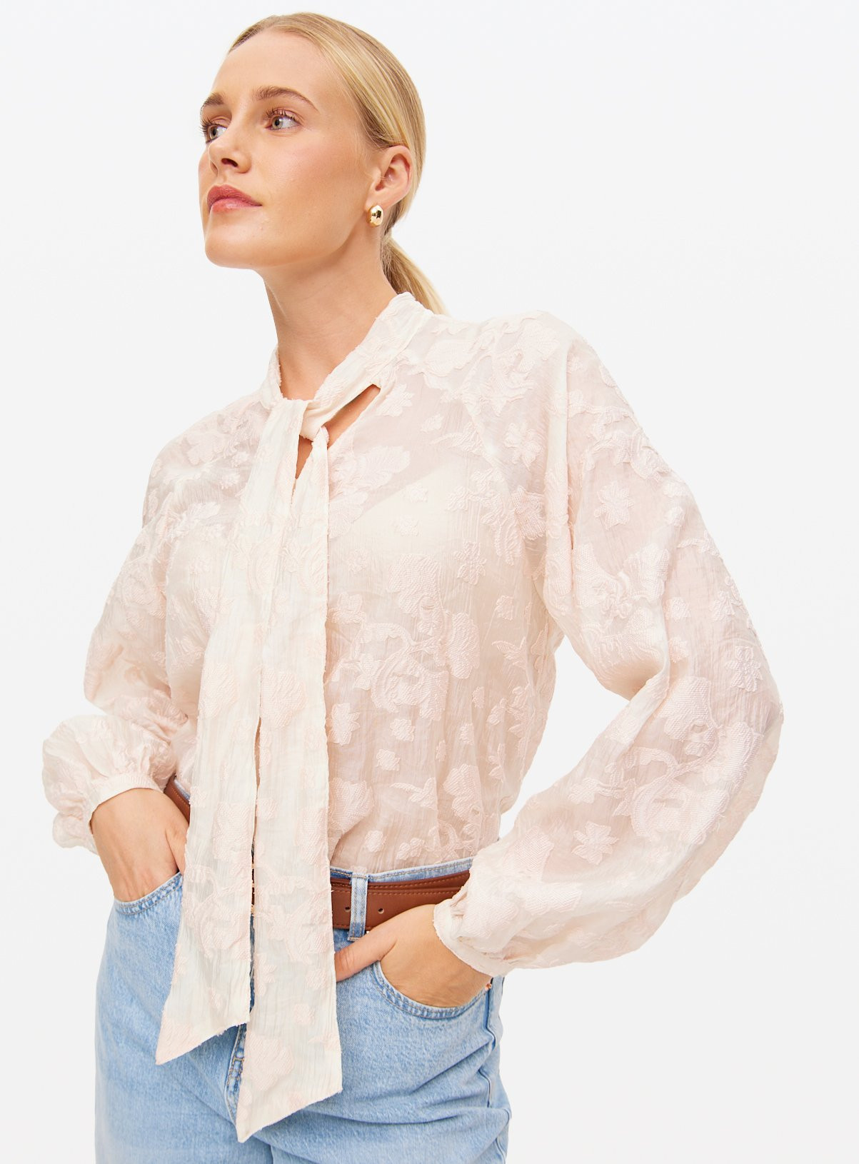Cream Tie Neck Jacquard Blouse | Tu Clothing