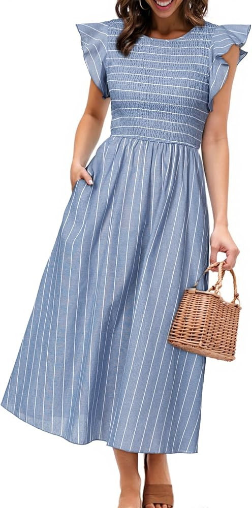 Simplee Womens Striped Midi Summer Dress Linen Smocked Flutter Short Sleeve Dress Flowy Casual Dr... | Amazon (US)