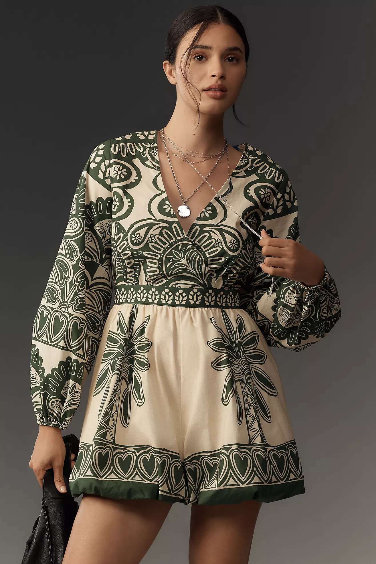 Farm Rio x Anthropologie Long-Sleeve V-Neck Printed Romper | Anthropologie (US)