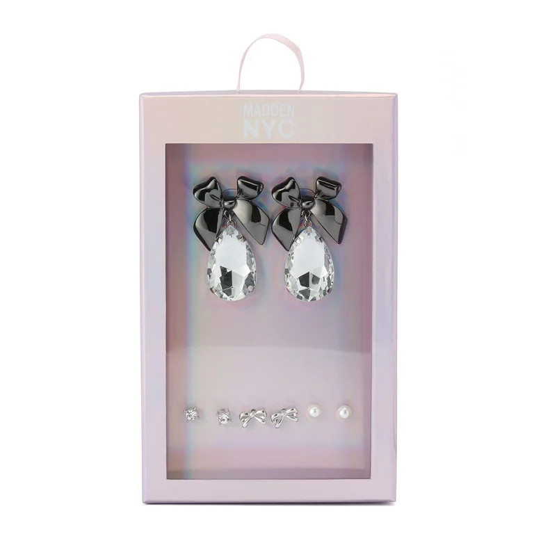 Madden NYC Women's Fashion Rhodium Bow Stone Gem Drop & Stud Earring 4-Piece Giftable Boxed State... | Walmart (US)