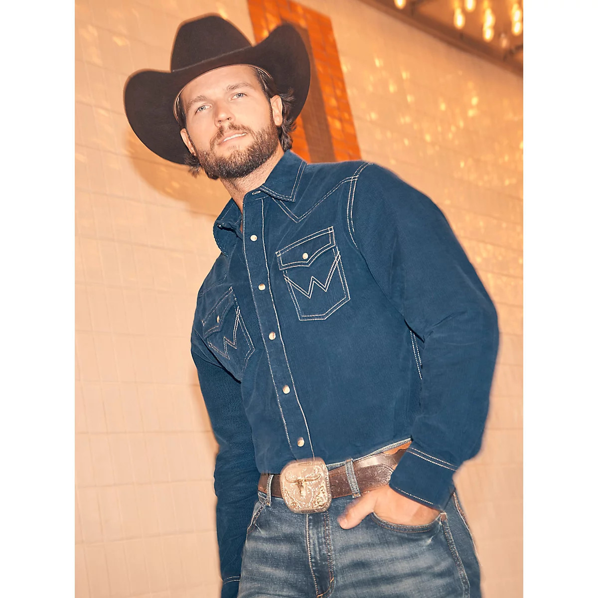 Men's Wrangler Retro Premium Western Snap Solid Shirt in Rich Navy | Wrangler